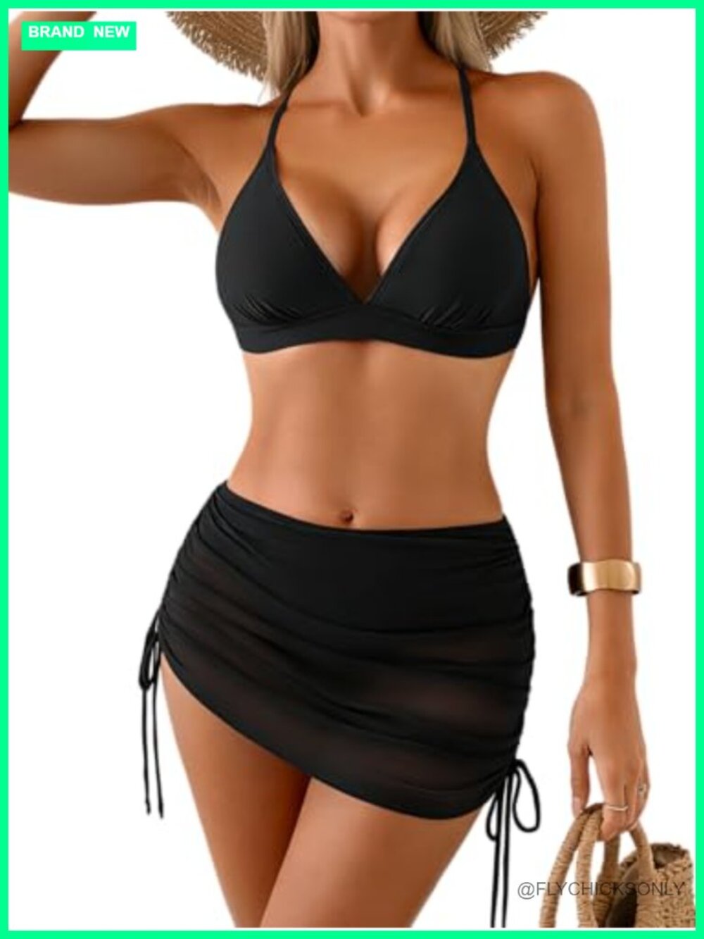 Mesh Sheer Drawstring Bikini Set Swimsuit with Skirt